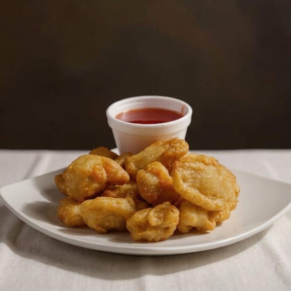 Golden-fried chicken nuggets on a white plate with a side of sweet and sour sauce.