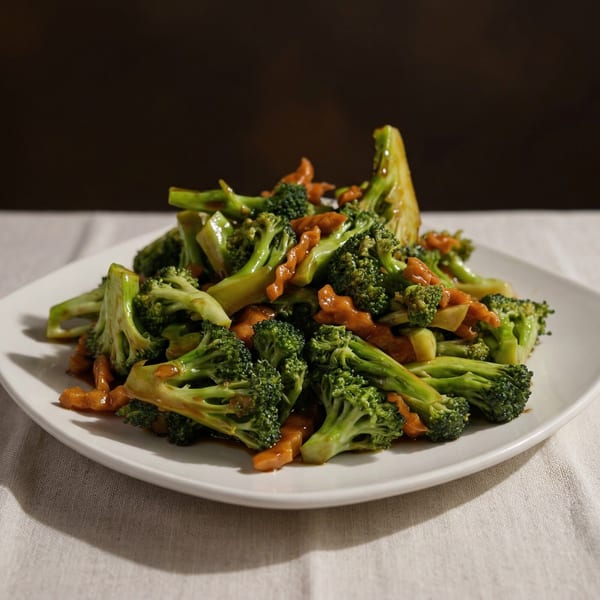 A white plate filled with vibrant green broccoli and orange carrots, coated in a savory sauce.