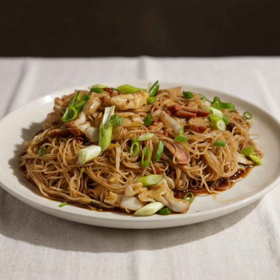 Close-up of China Wok's Chinese noodles with chicken, vegetables, and green onions on a white plate.