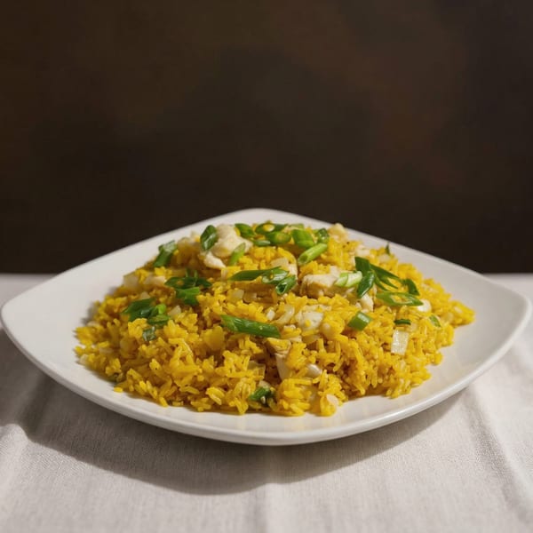 Golden fried rice with chicken, onions, and green onions on a white plate from China Wok.