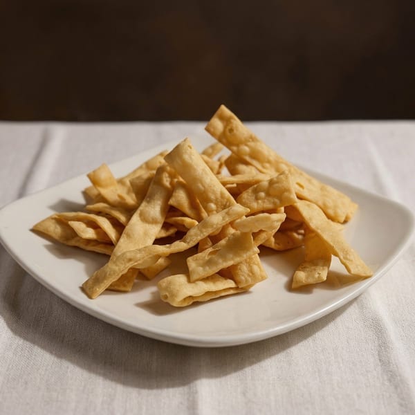 A white plate piled high with crispy, golden-brown Chinese wonton strips on a white tablecloth.