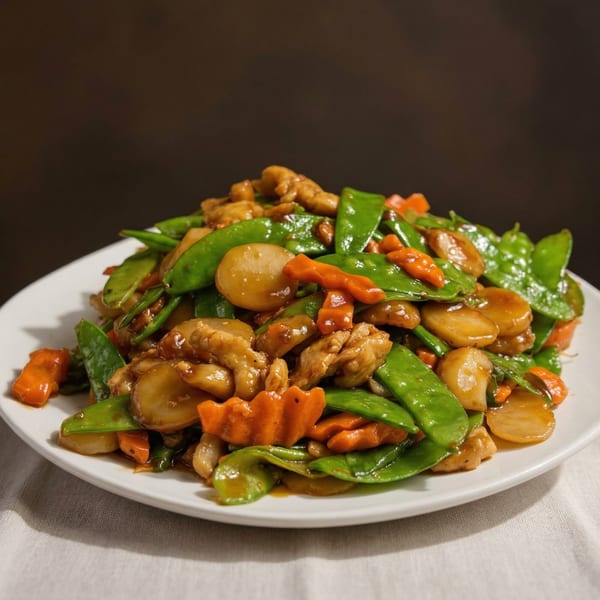 Chicken stir-fry with snow peas, carrots, and water chestnuts on a white plate.