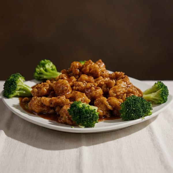 General Tso's chicken with broccoli florets on a white plate, from China Wok.