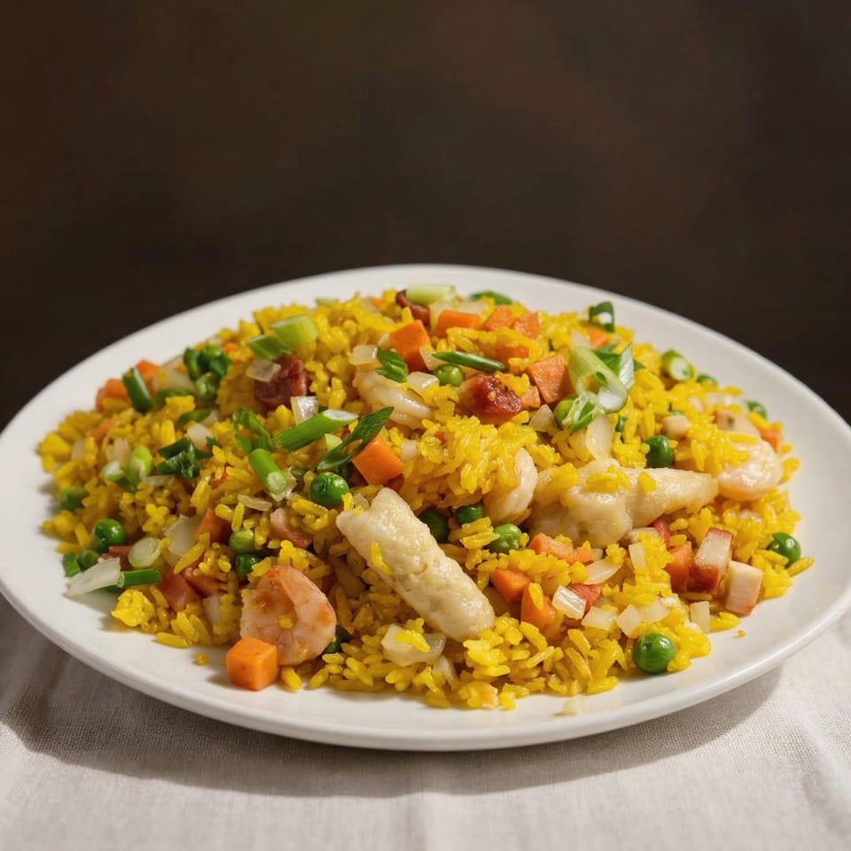A large plate of yellow fried rice with shrimp, peas, carrots, and green onions.