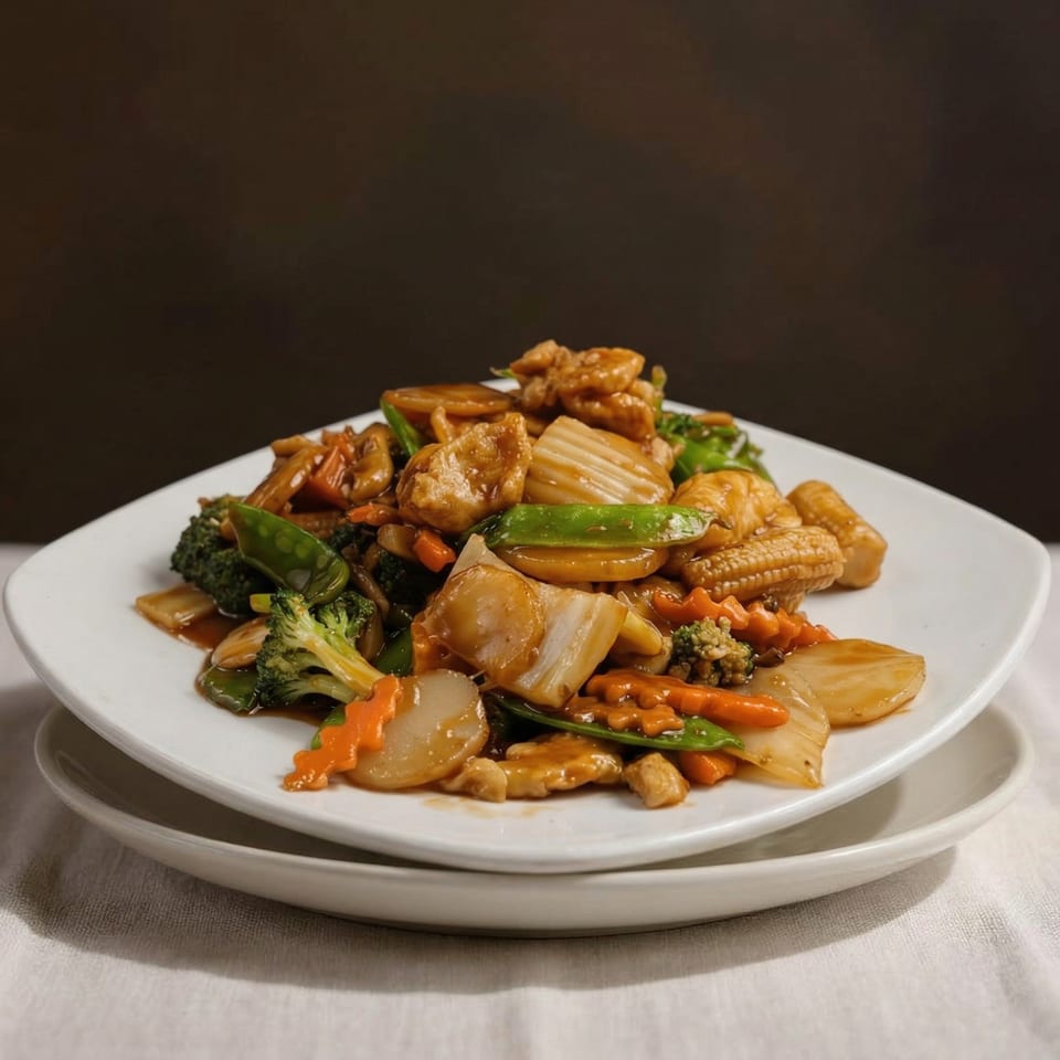 A white plate filled with a colorful Chinese stir-fry of chicken and mixed vegetables.