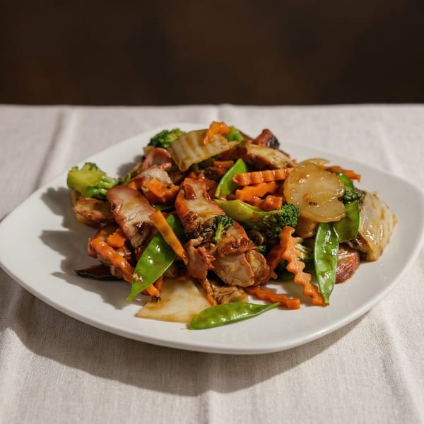 A white plate of China Wok's Chinese stir-fry with pork, broccoli, carrots, and snow peas.