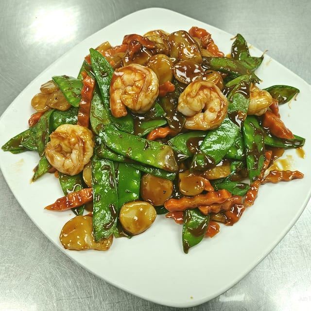 Fresh Jumbo Shrimp with Snow Peas.