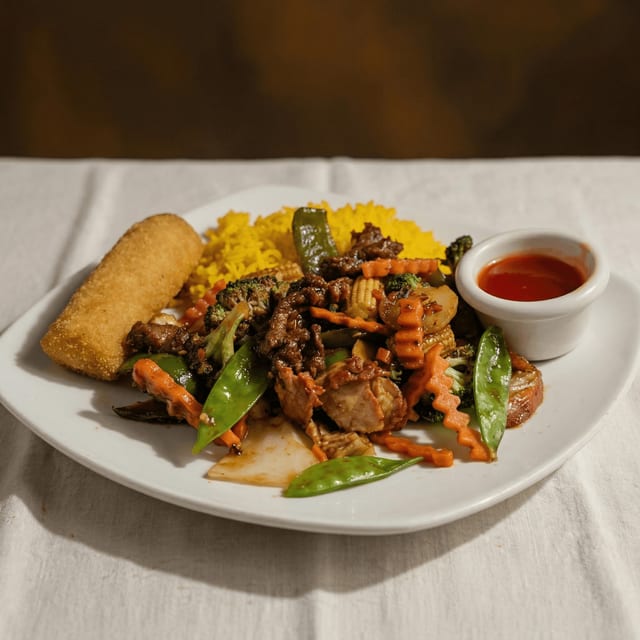 Szechuan Beef, Chicken or Fresh Baby Shrimp Combo.