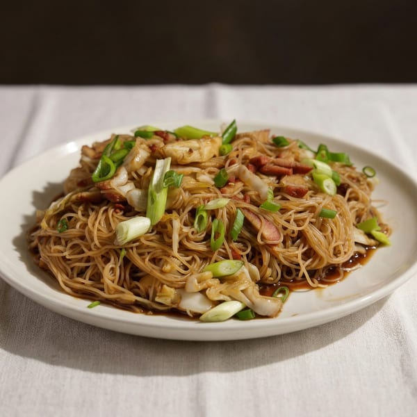 A plate of Chinese Wok's Singapore Mei Fun, featuring thin noodles, meat, and green onions.
