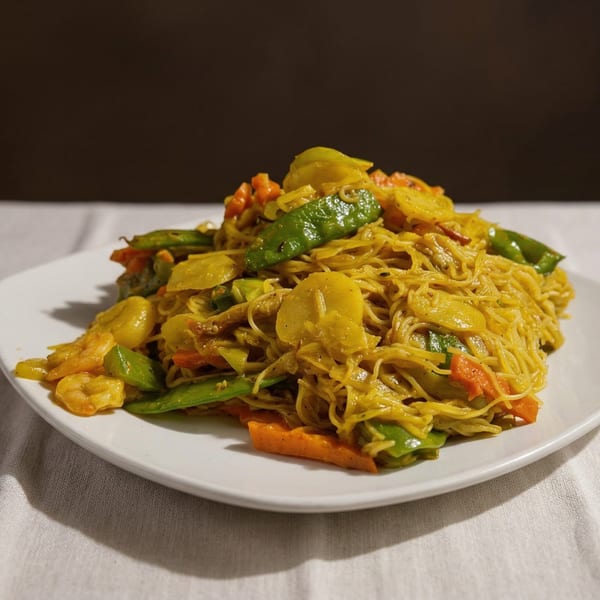 A plate of China Wok's Singapore Mei Fun, featuring thin noodles, shrimp, and colorful vegetables.