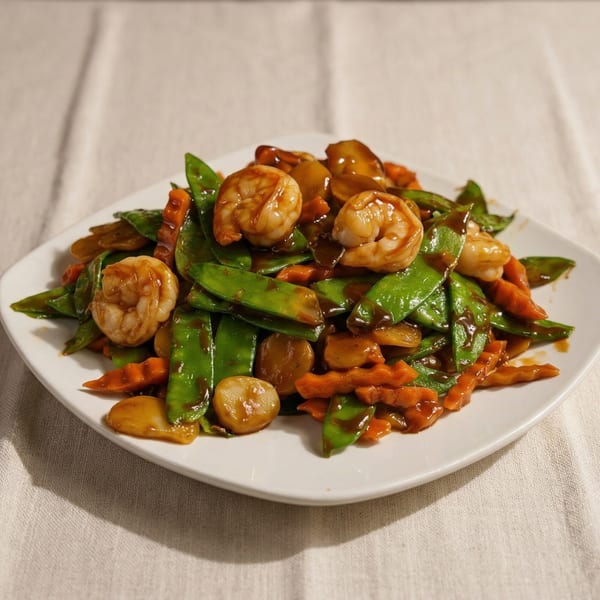 Shrimp with snow peas, carrots, and water chestnuts in a brown sauce on a white plate.