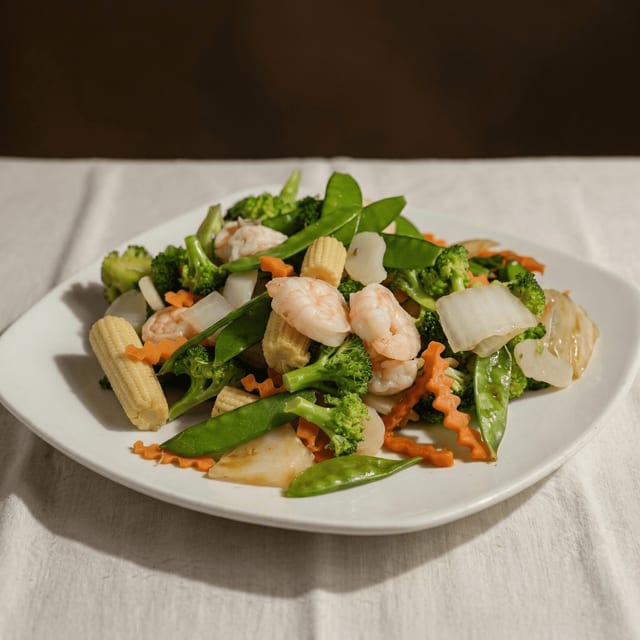 Steamed Fresh Jumbo Shrimp with Mixed Vegetables.
