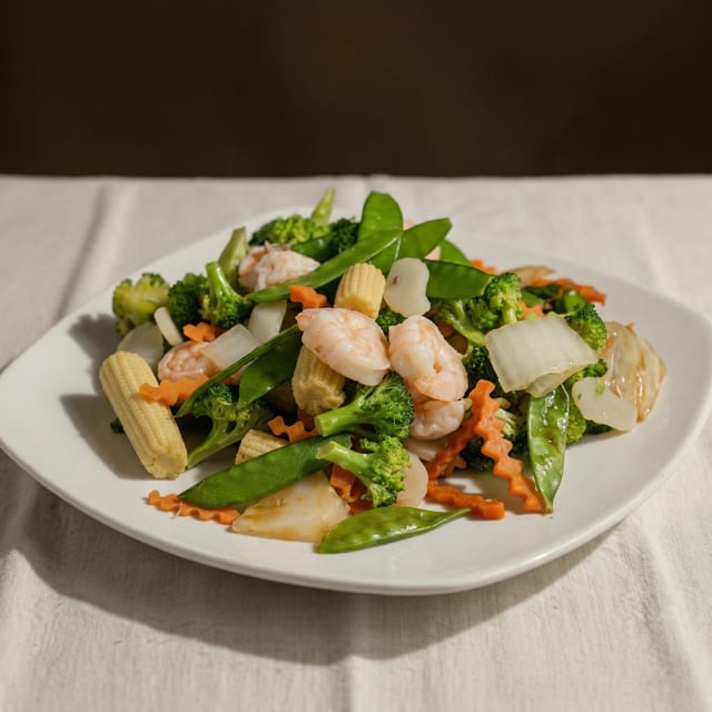 Steamed Fresh Jumbo Shrimp with Mixed Vegetables.