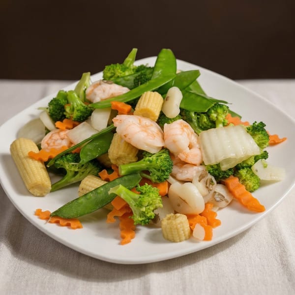 A vibrant Chinese stir-fry with shrimp, broccoli, snow peas, baby corn, and carrots on a white plate.